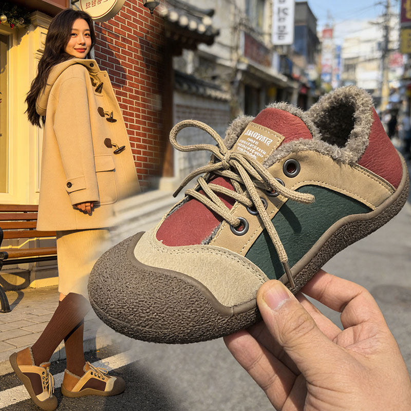 保暖加绒棉鞋女2025新款秋冬复古拼色平底系带拼接舒适百搭德训鞋,女鞋,时尚休闲鞋,淘宝优惠券,粉丝福利购,淘宝优惠卷