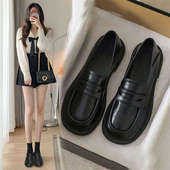 女2025年春秋新款 韩版 平底一脚蹬乐福鞋 英伦风黑色小皮鞋 软皮单鞋