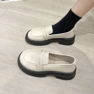 女2024年春季 单鞋 新款 时尚 一脚蹬圆头乐福鞋 英伦风厚底粗跟小皮鞋