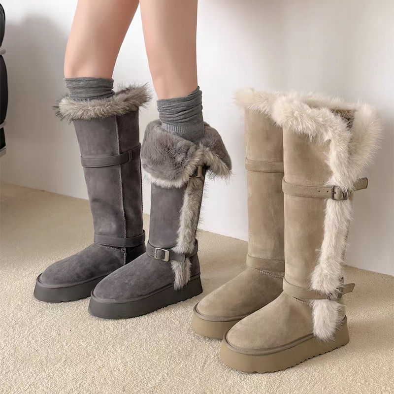 不过膝厚底绑带加绒保暖长筒靴