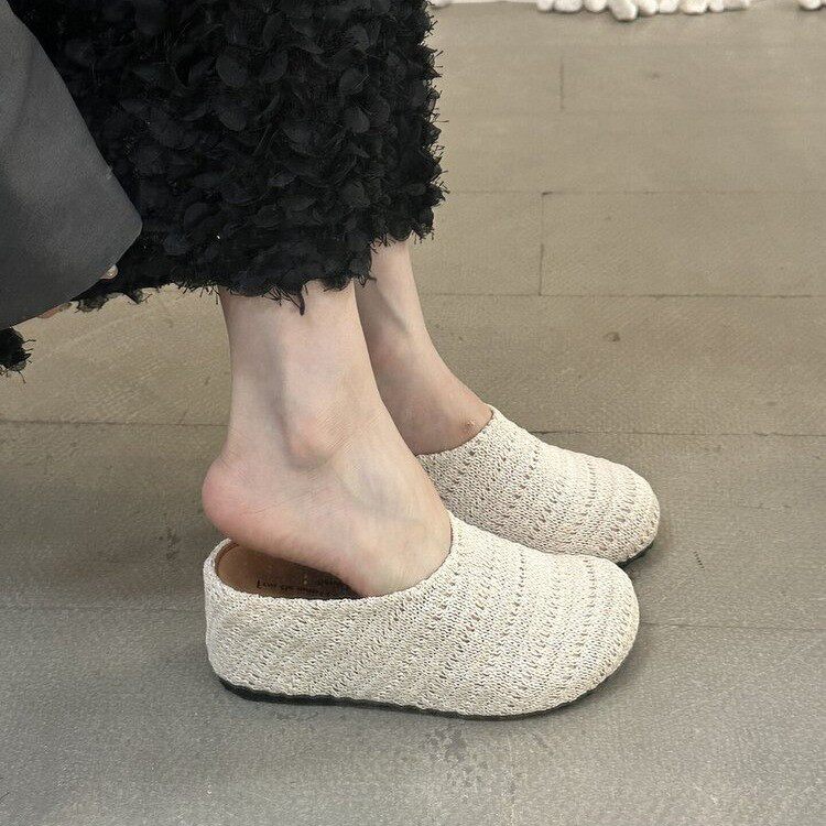 内增高7cm！休闲风编织镂空包头半拖鞋女春夏外穿厚底勃肯凉拖鞋 - 实物图