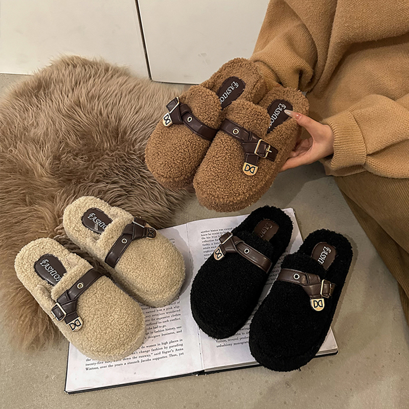 厚底皮带扣包头毛毛拖鞋2025秋冬