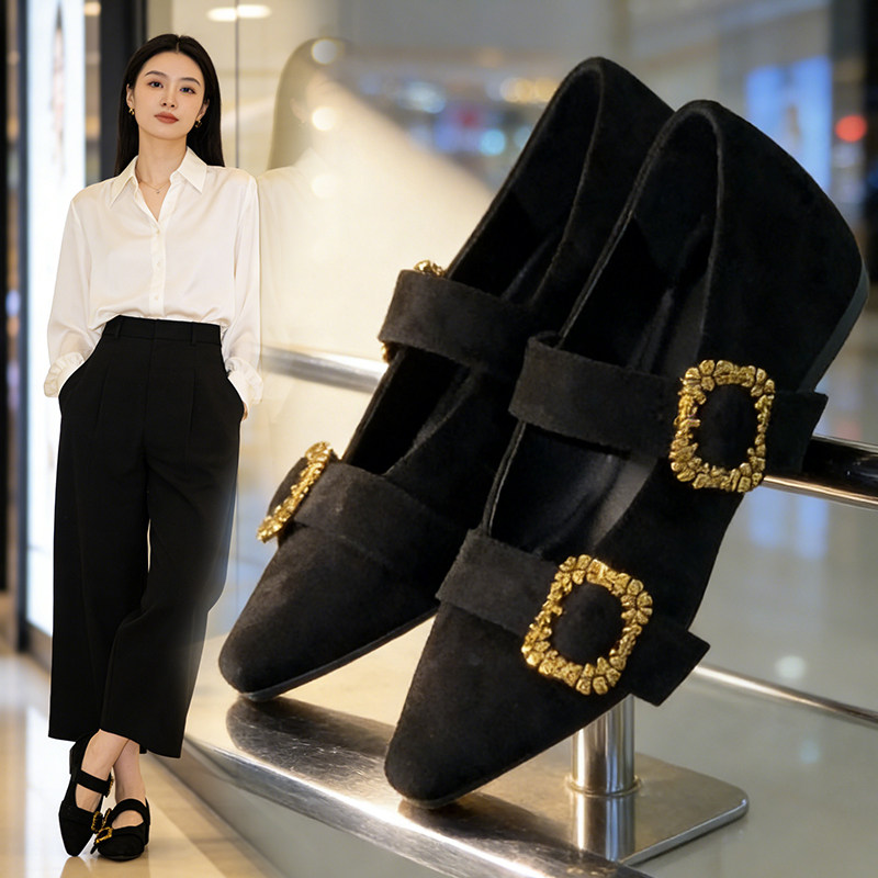 内增高法式复古玛丽珍鞋2026新款金属扣尖头黑色时尚浅口单鞋女鞋,女鞋,浅口单鞋,淘宝优惠券,粉丝福利购,淘宝优惠卷
