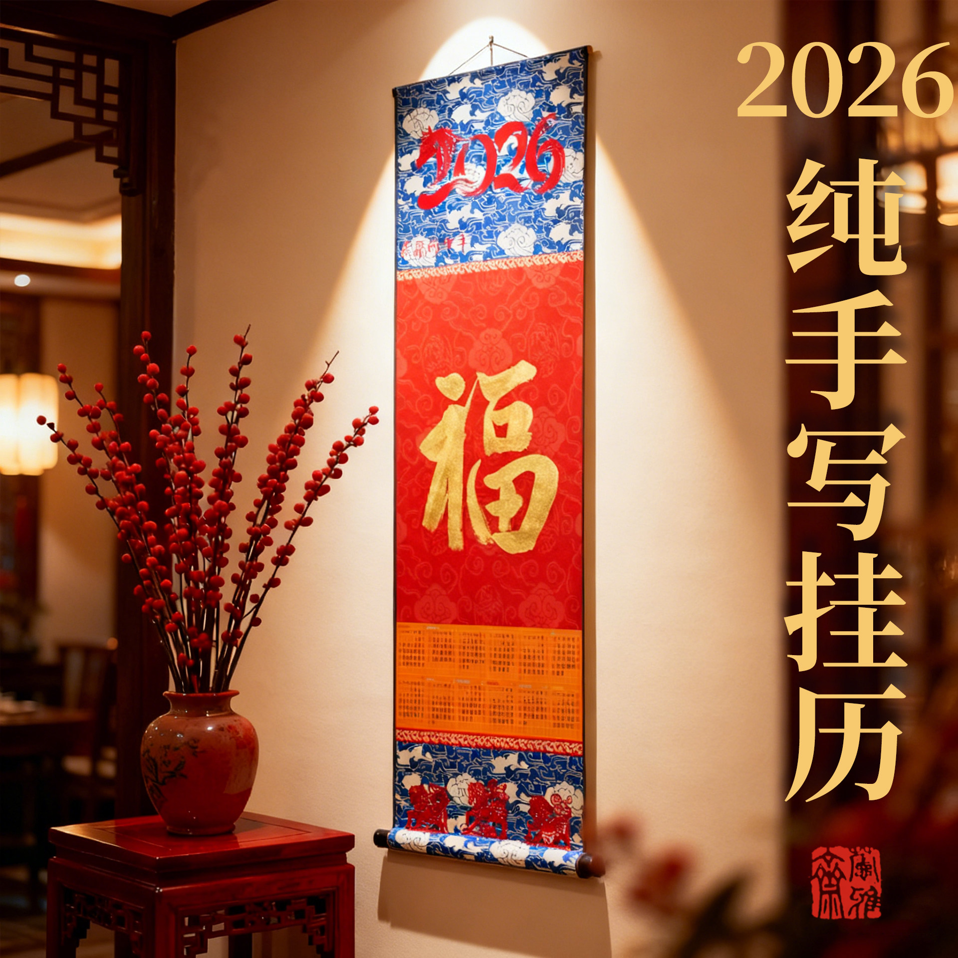 挂历2026年新款日月历纯手写福字装饰画马年万年历加厚宣纸中国风