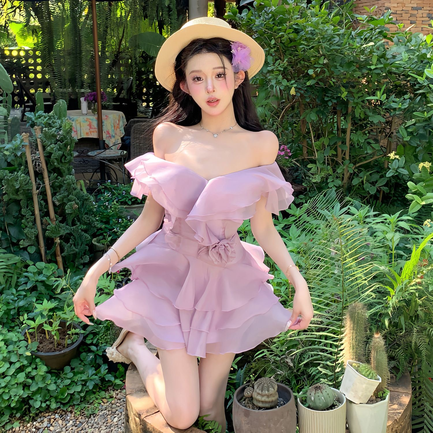 春季新款法式气质一字肩清纯收腰俏皮显瘦连衣短裙女