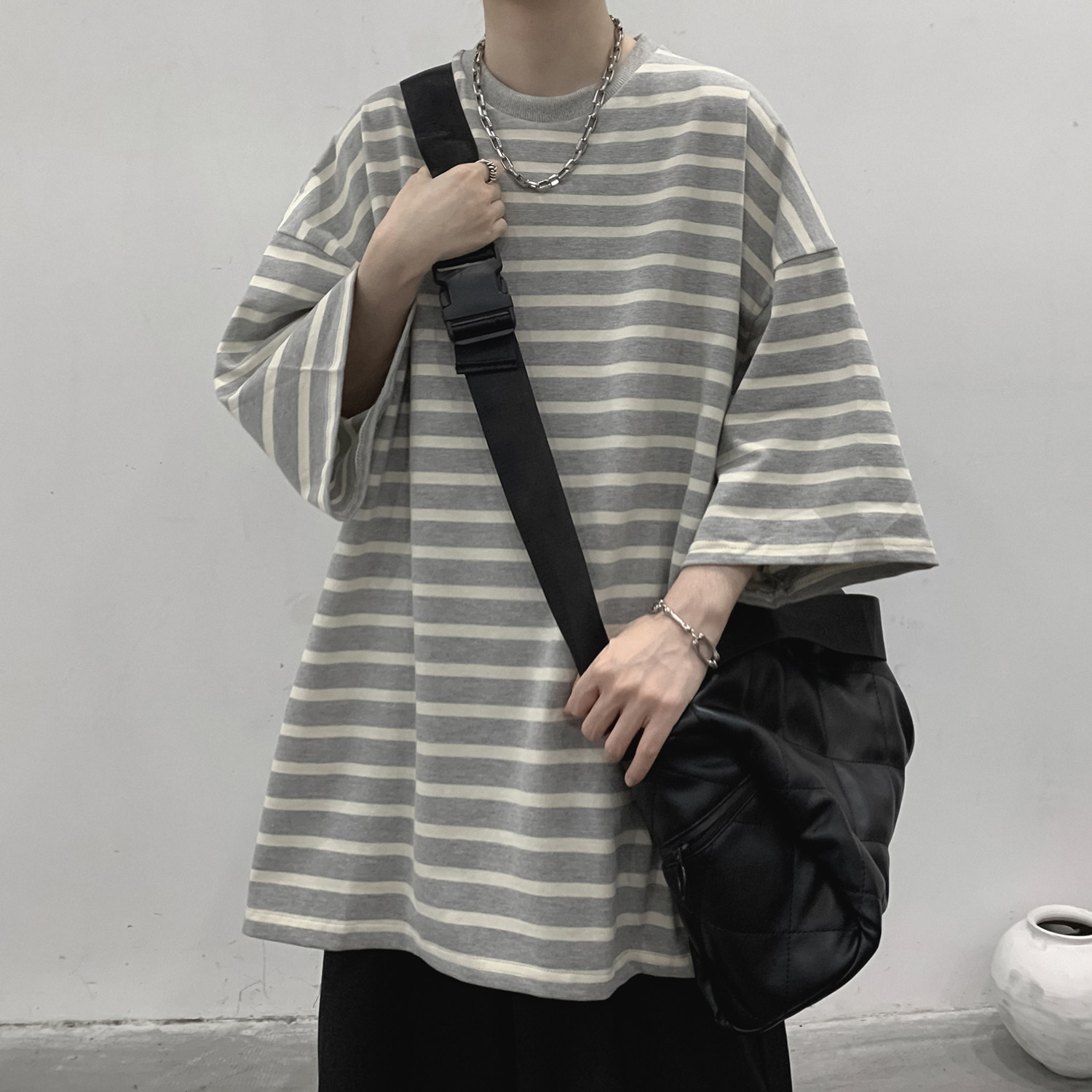 wassuphappy条纹短袖男生夏季新款复古纯棉t恤高街宽松半袖体恤,男装T恤,电商A336