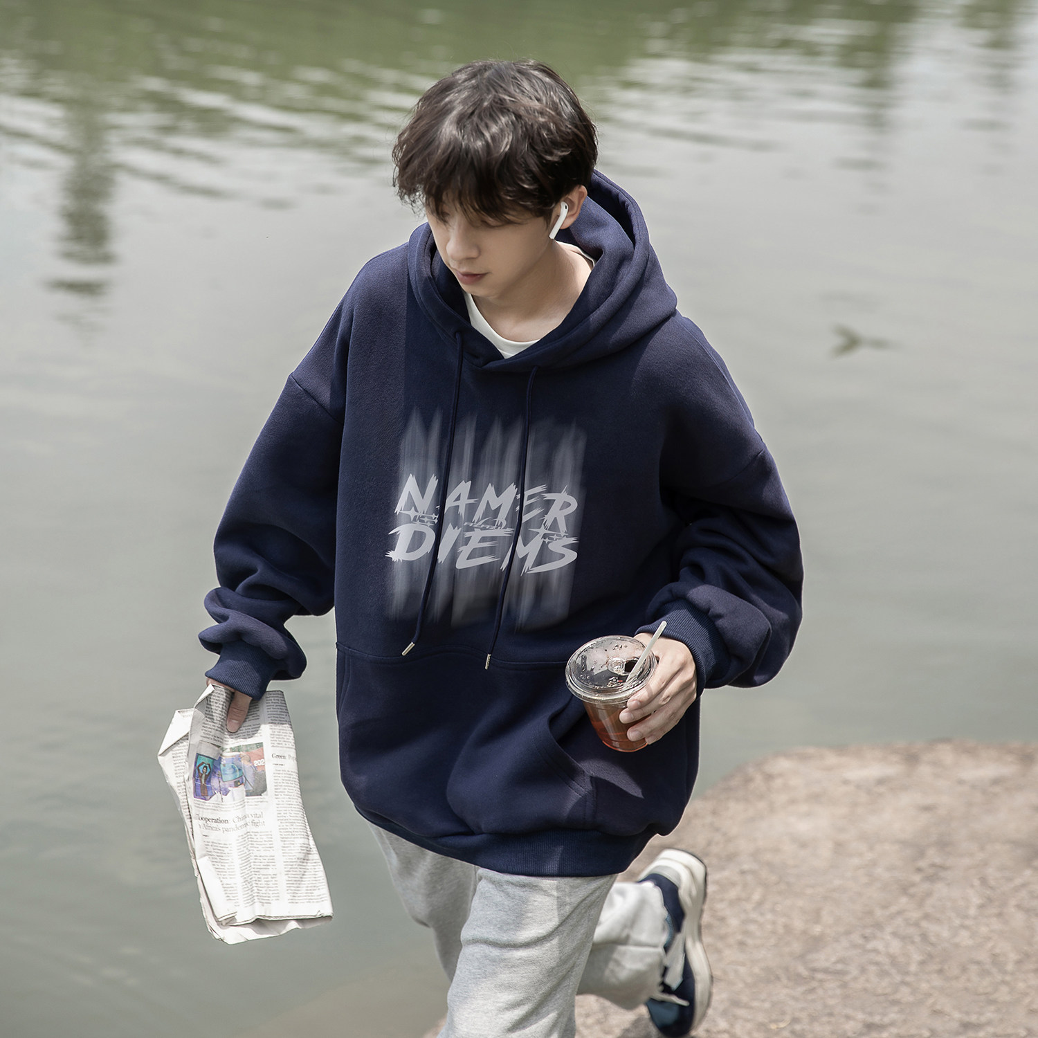 wassuphappy藏青色连帽卫衣男士春秋季2025新款潮流港风休闲外套,男装卫衣,电商A336