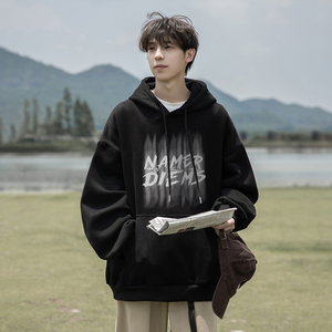 wassup happy藏青色连帽卫衣男春秋季潮流字母休闲外套宽松上衣服图片