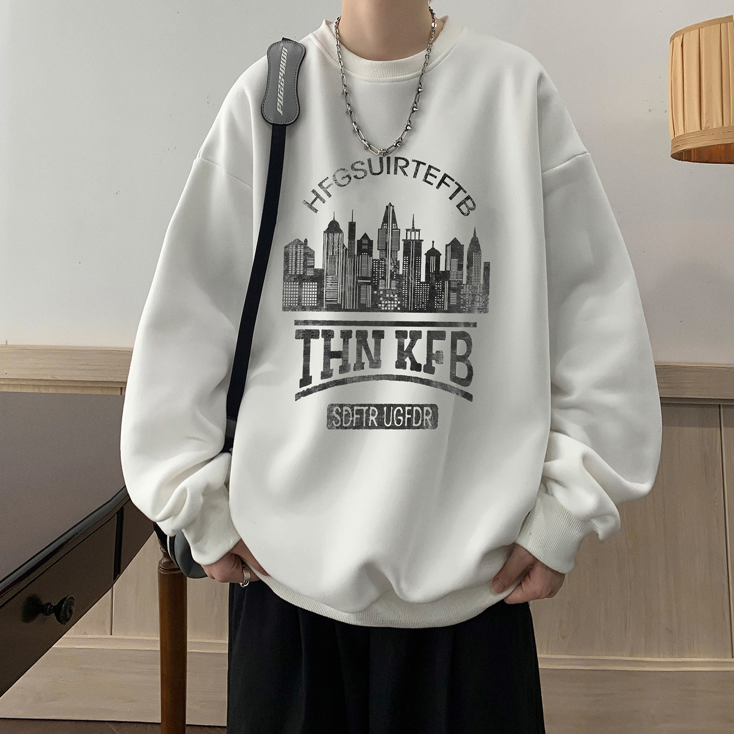 WASSUP HAPPY杏色美式复古卫衣男秋季潮牌宽松情侣加绒重磅上衣服图片