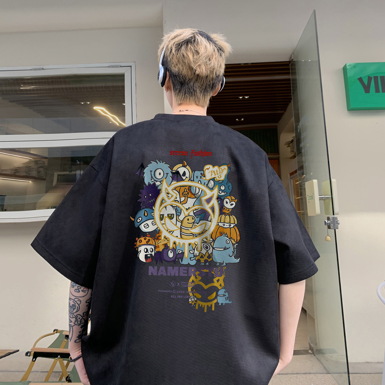 卡通印花麂皮绒圆领短袖T恤男夏季美式复古潮牌青少年痞帅半截袖,男装T恤,电商A336