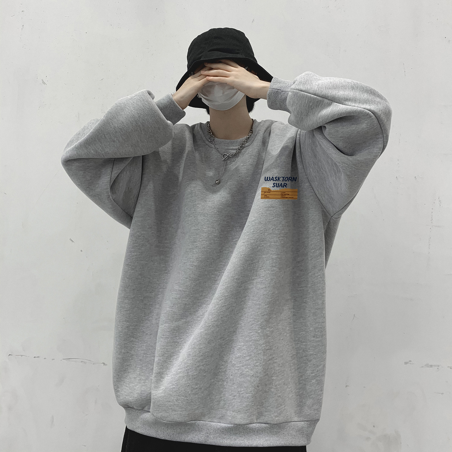 wassuphappy圆领卫衣男春秋季潮牌慵懒风休闲外套青少年宽松上衣,男装卫衣,电商A336