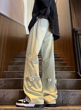 A336-F3052-特P35 金属纽扣美式复古直筒修身显高微喇春秋泥黄裤