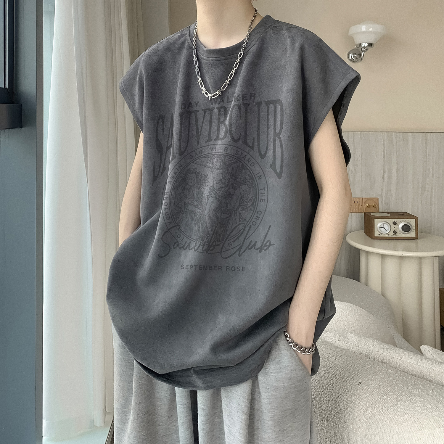 重磅麂皮绒印花背心A336-THJPBX13-P28-限价38（95聚酯纤维5氨纶，男装背心/马甲，电商A336