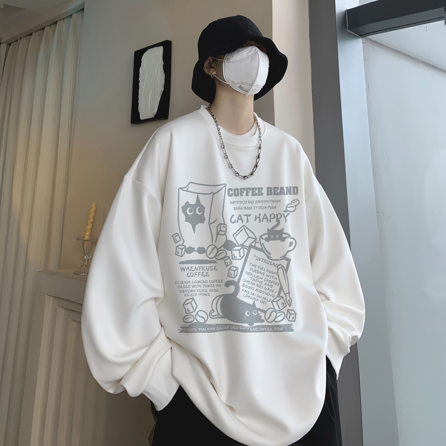 卡通学院风圆领卫衣男秋季宽松潮流学生帅气潮牌美式慵懒chic衣服,男装卫衣,电商A336
