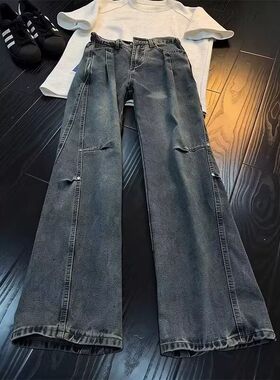 A336-A132-特P45  铆钉牛仔裤男款潮牌裤子美式高街弯刀微喇裤