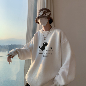 慵懒风毛衣男生秋季少年感字母印花设计圆领上衣复古小众简约外套图片