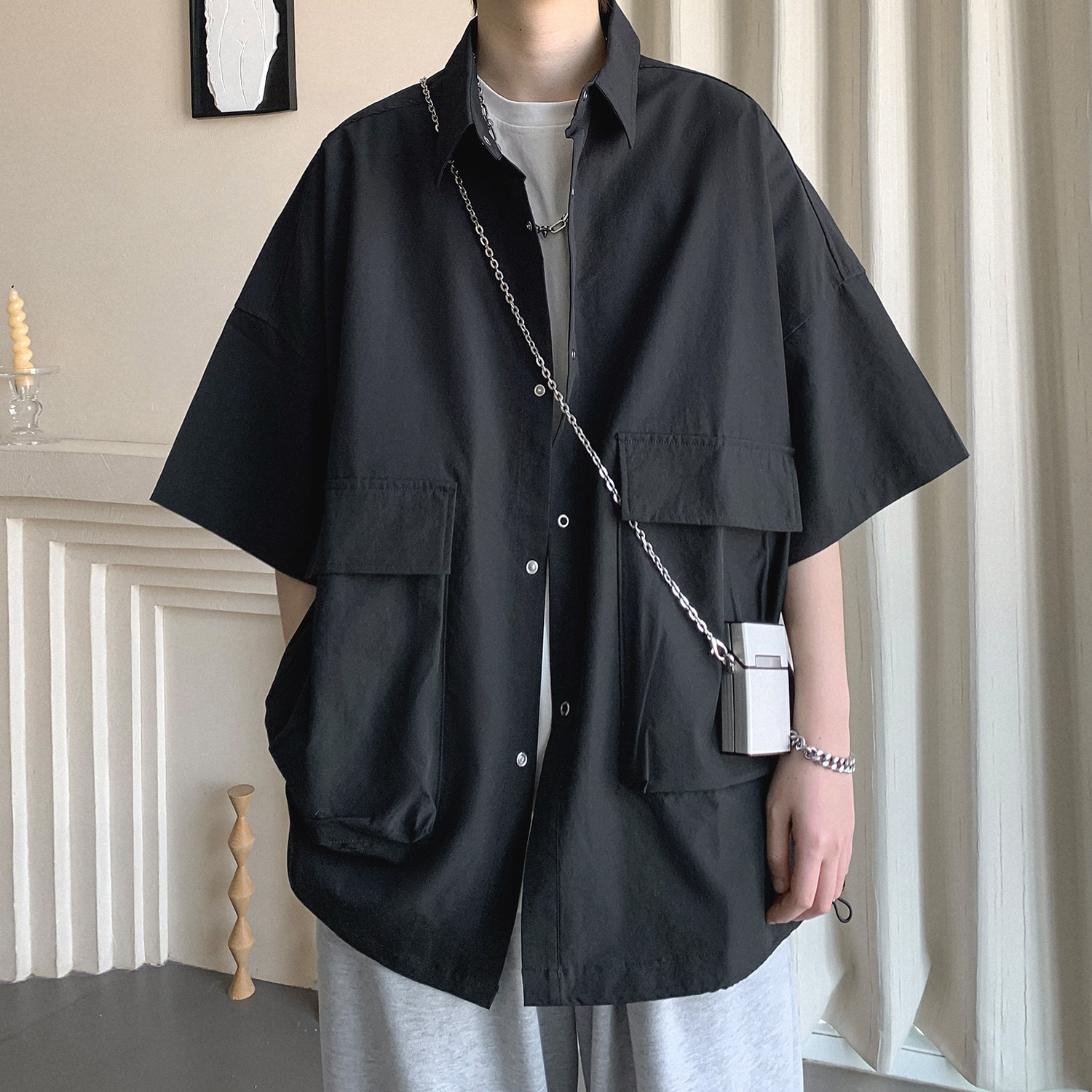 夏季新款大口袋短袖衬衫A336-DX80-P55-限价78（100聚酯纤维）,男装衬衫,电商A336