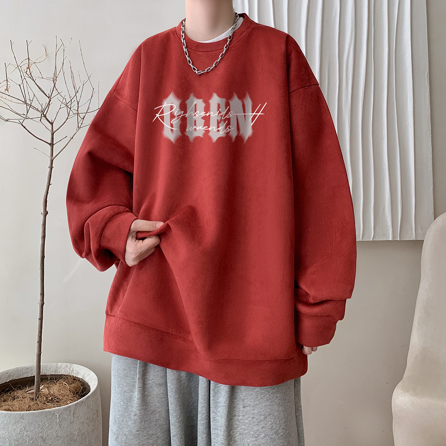 美式高街圆领卫衣男秋季潮牌字母印花设计感重磅纯棉黑色长袖T恤,男装卫衣,电商A336