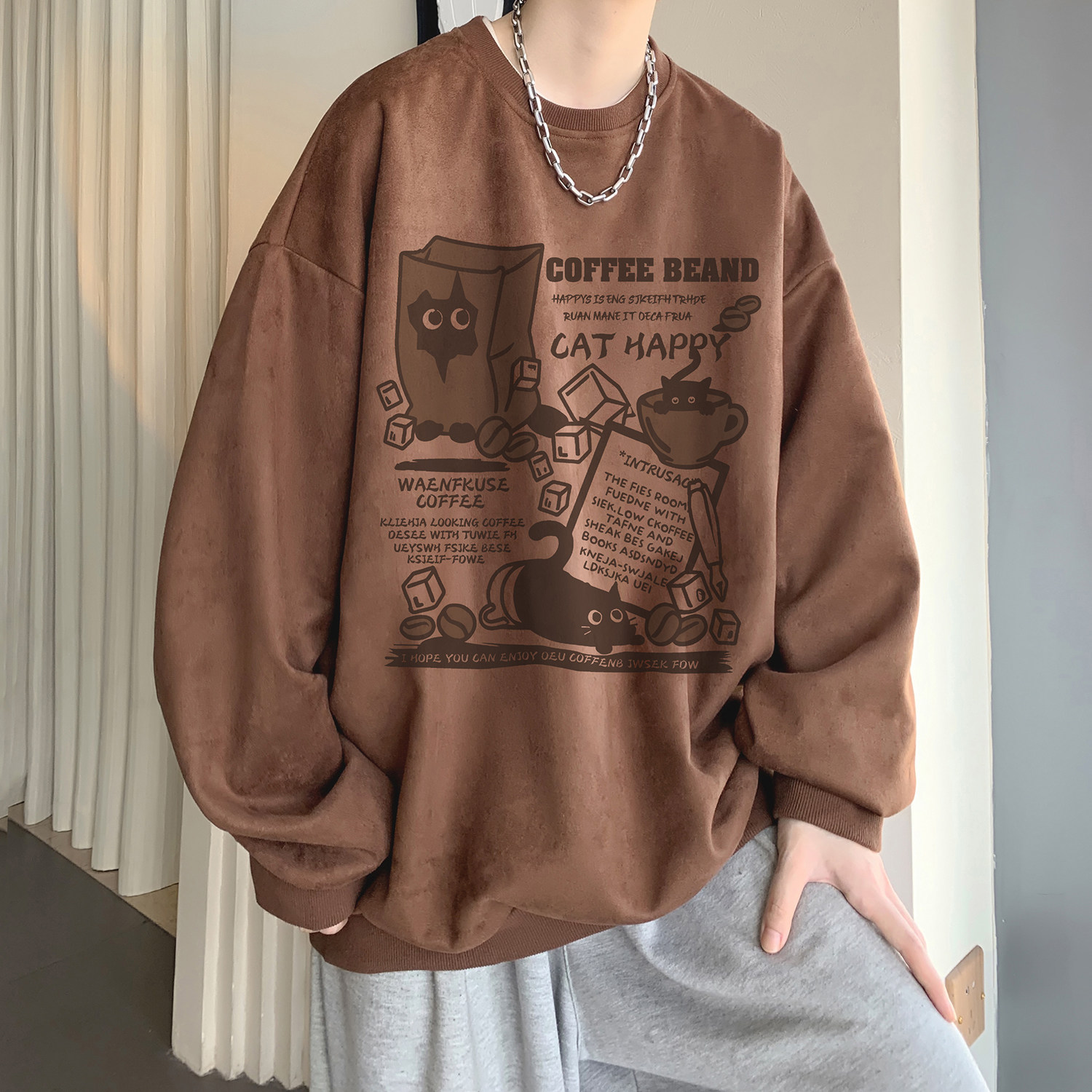 卡通学院风圆领卫衣男秋季宽松潮流学生帅气潮牌美式慵懒chic衣服,男装卫衣,电商A336