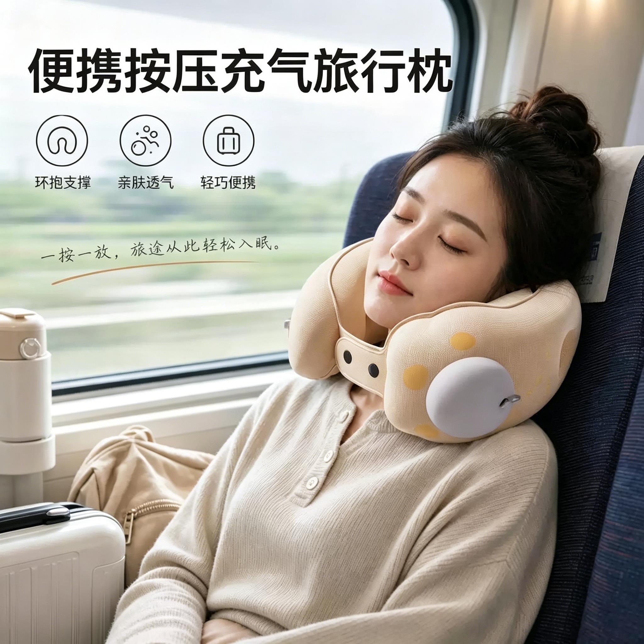 按压充气u型枕便携旅行枕头护颈枕u形枕长途飞机儿童高铁睡觉神器