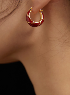 本命年红色滴釉耳环女高级感复古气质小众圆圈耳钉国潮设计感饰品