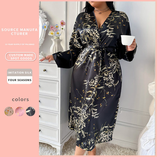 Plus-Size Sexy Printed Ice Silk Robe 大码性感印花冰丝睡袍