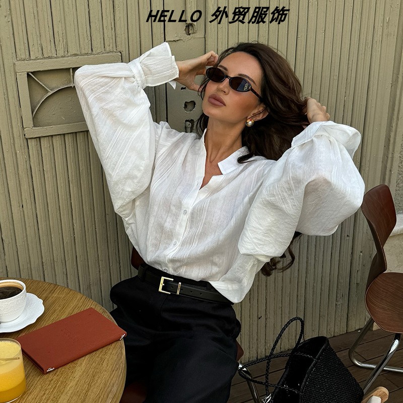 Loose Oversized Lantern Sleeve Shirt 欧美宽松大码灯笼袖衬衫