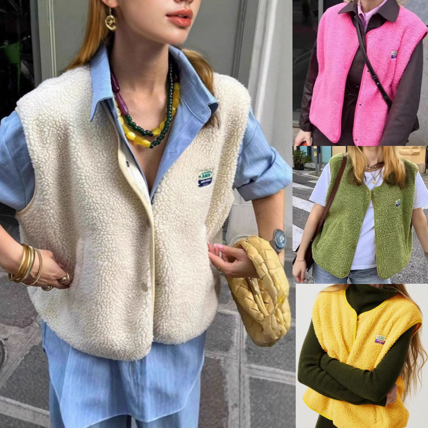 Sleeveless fur vest top 欧美春秋宽松单排扣无袖毛马甲背心外套