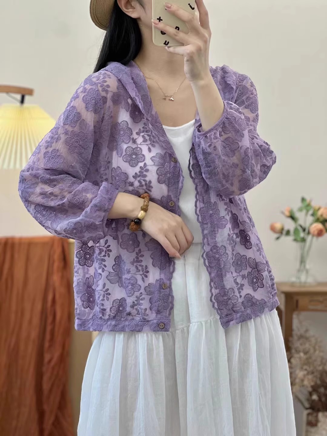 纯色连帽防晒衣女2024新款夏季设计感宽松文艺纯棉蕾丝开衫薄外套