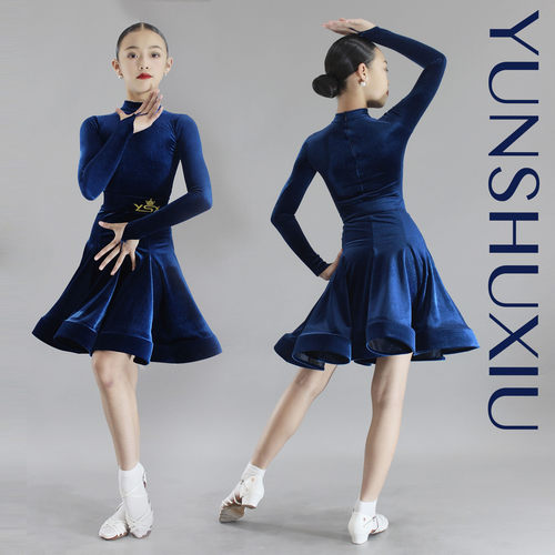YSX 云舒袖拉丁比赛服专业标准超薄仿英国绒深邃蓝色套指长袖