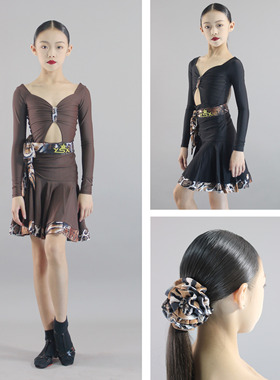 YUN|kid儿童拉丁舞练习服黑色咖色套装印花腰带手卷头花配饰