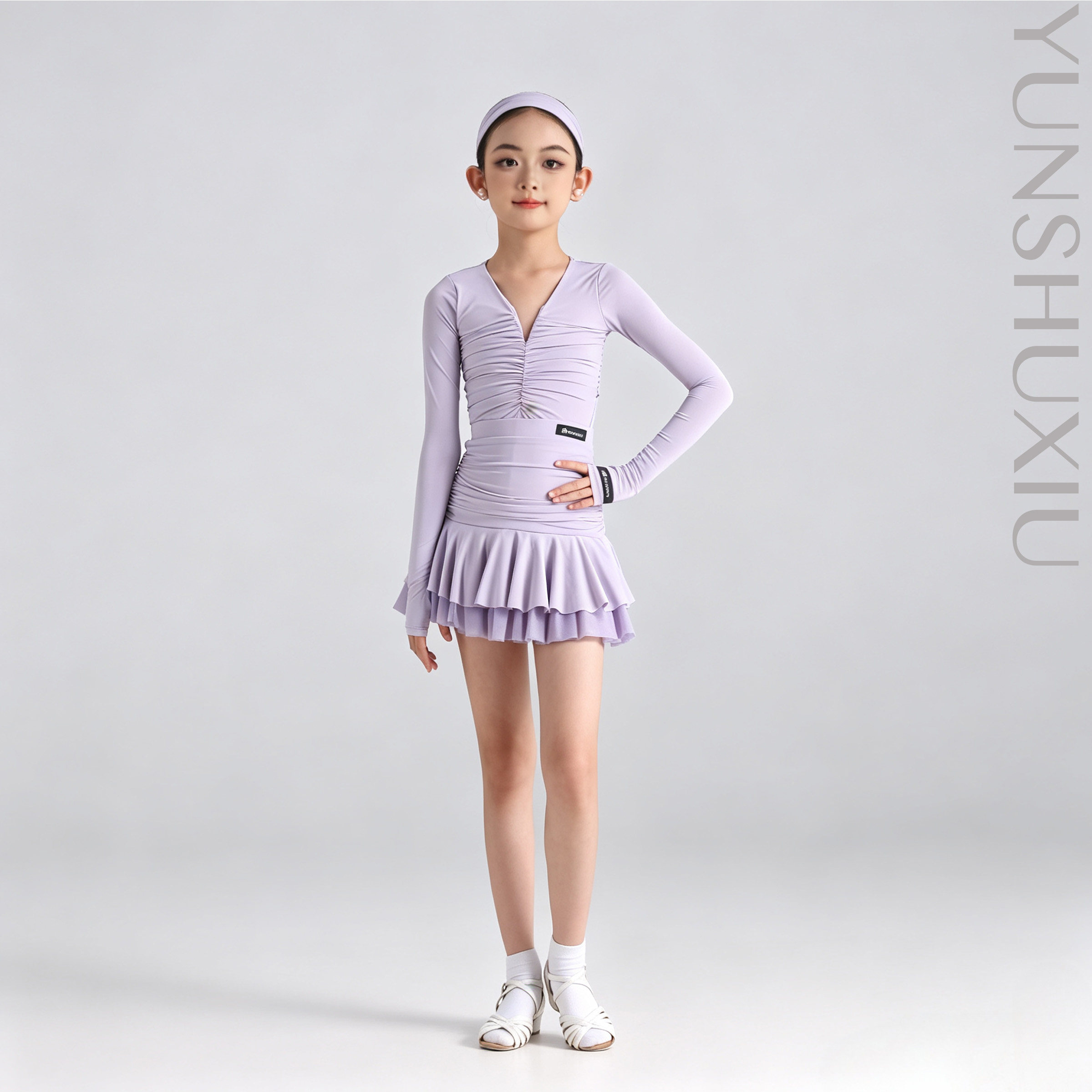 YSX云舒袖|淡紫唯美抽褶气质长袖女童表演服拉丁舞班服练习服套装