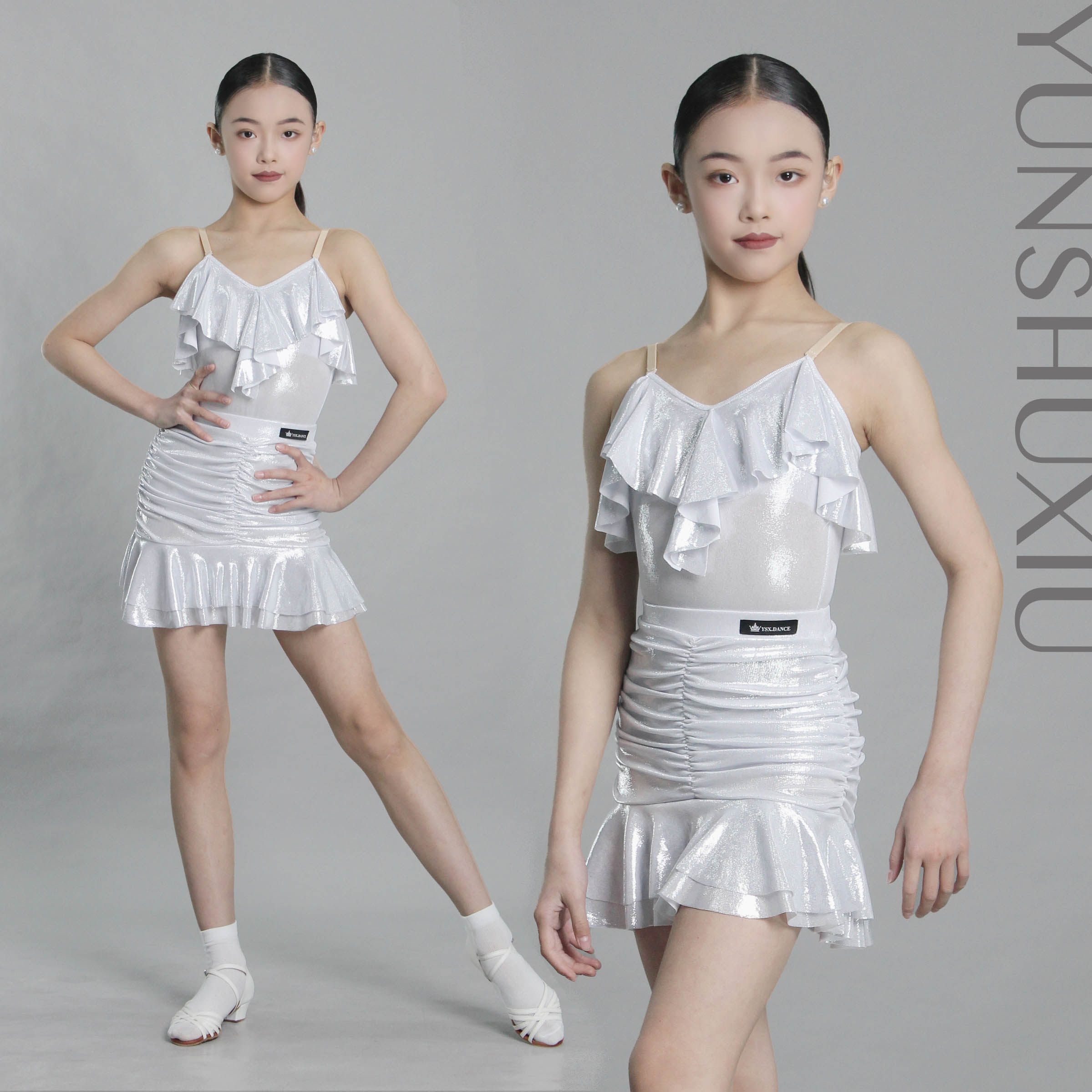 YSX云舒袖|儿童拉丁舞练功服闪光珍珠白亮银面料网红吊带分体套装