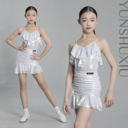 YSX云舒袖|儿童拉丁舞练功服闪光珍珠白亮银面料网红吊带分体套装