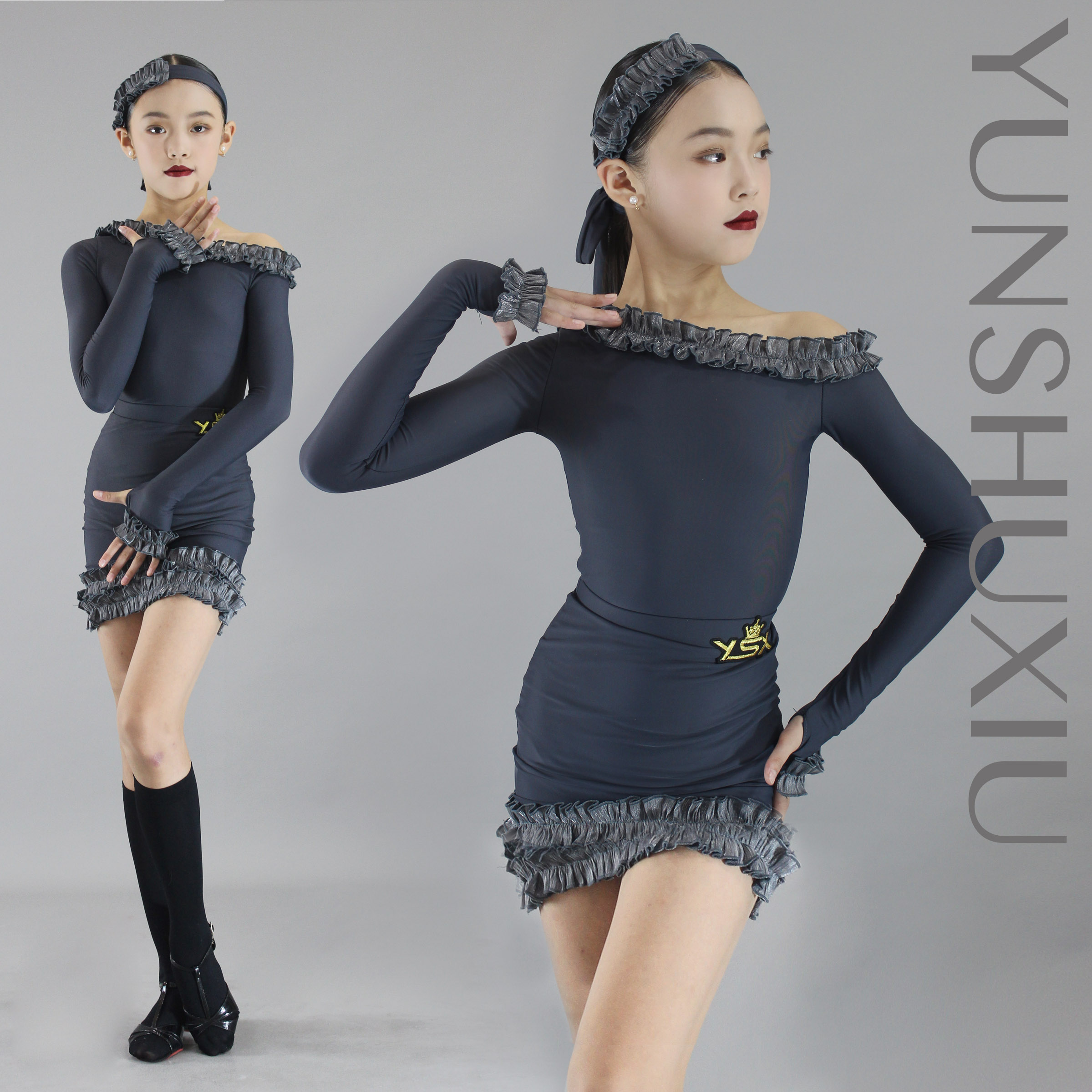 YSX云舒袖|高级灰拉丁舞练功服精美手工花边单肩长袖显瘦含发带