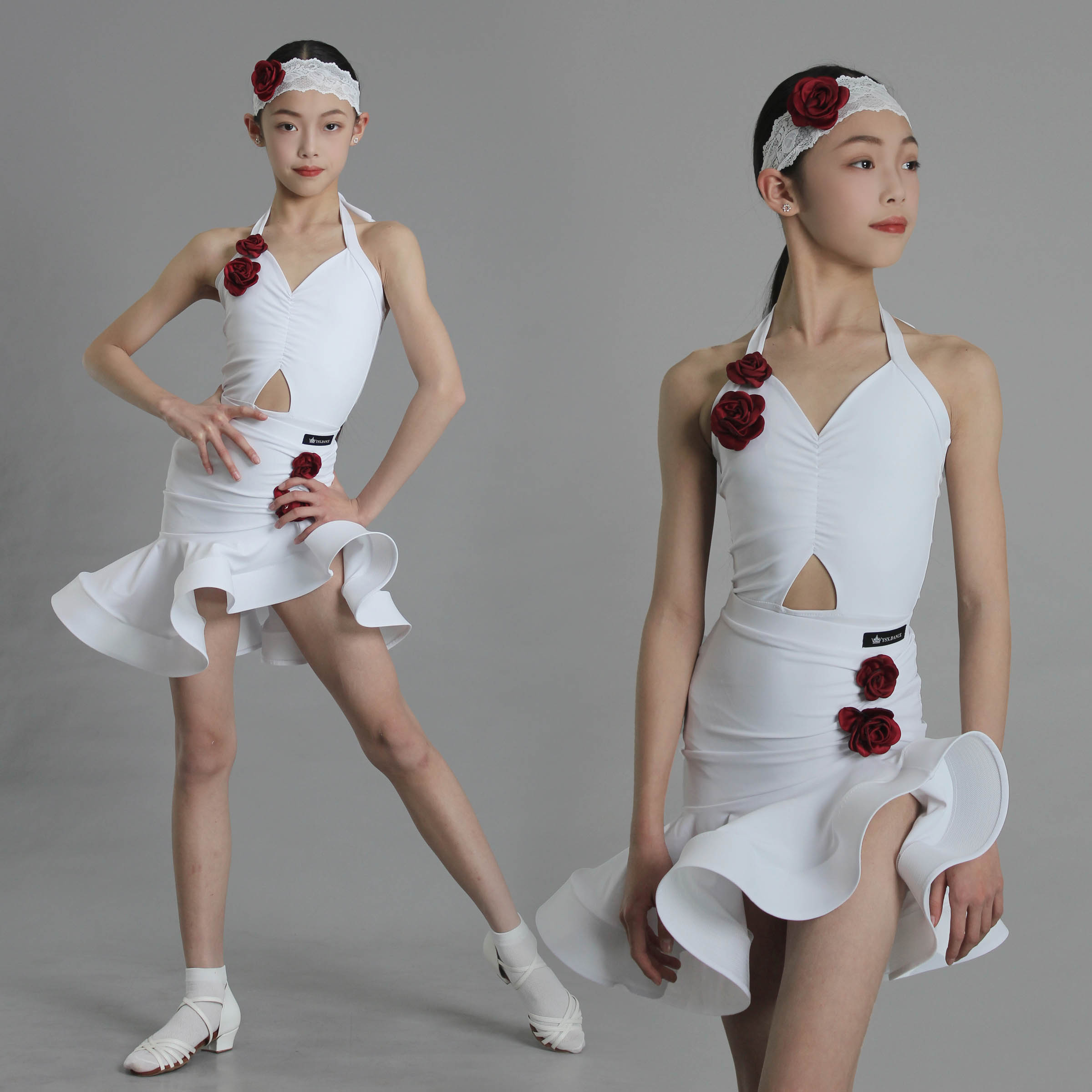 YSX云舒袖|儿童拉丁舞表演服练功服白色法式浪漫挂脖送蕾丝发带