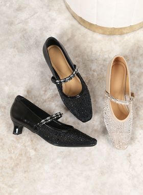 卓怡女鞋2025年夏季新款真皮时尚中跟方头水钻网鞋08113