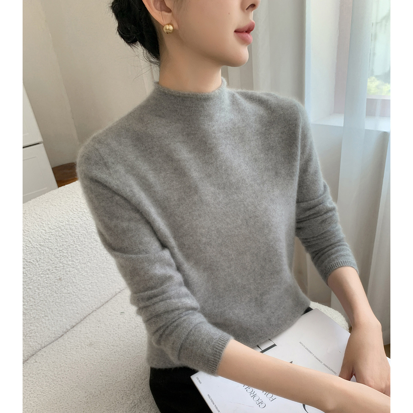 半高领山羊绒衫套头毛衣女百搭宽松螺纹针织衫时尚显瘦打底衫上衣,女装/女士精品,毛针织衫,淘宝优惠券,粉丝福利购,淘宝优惠卷