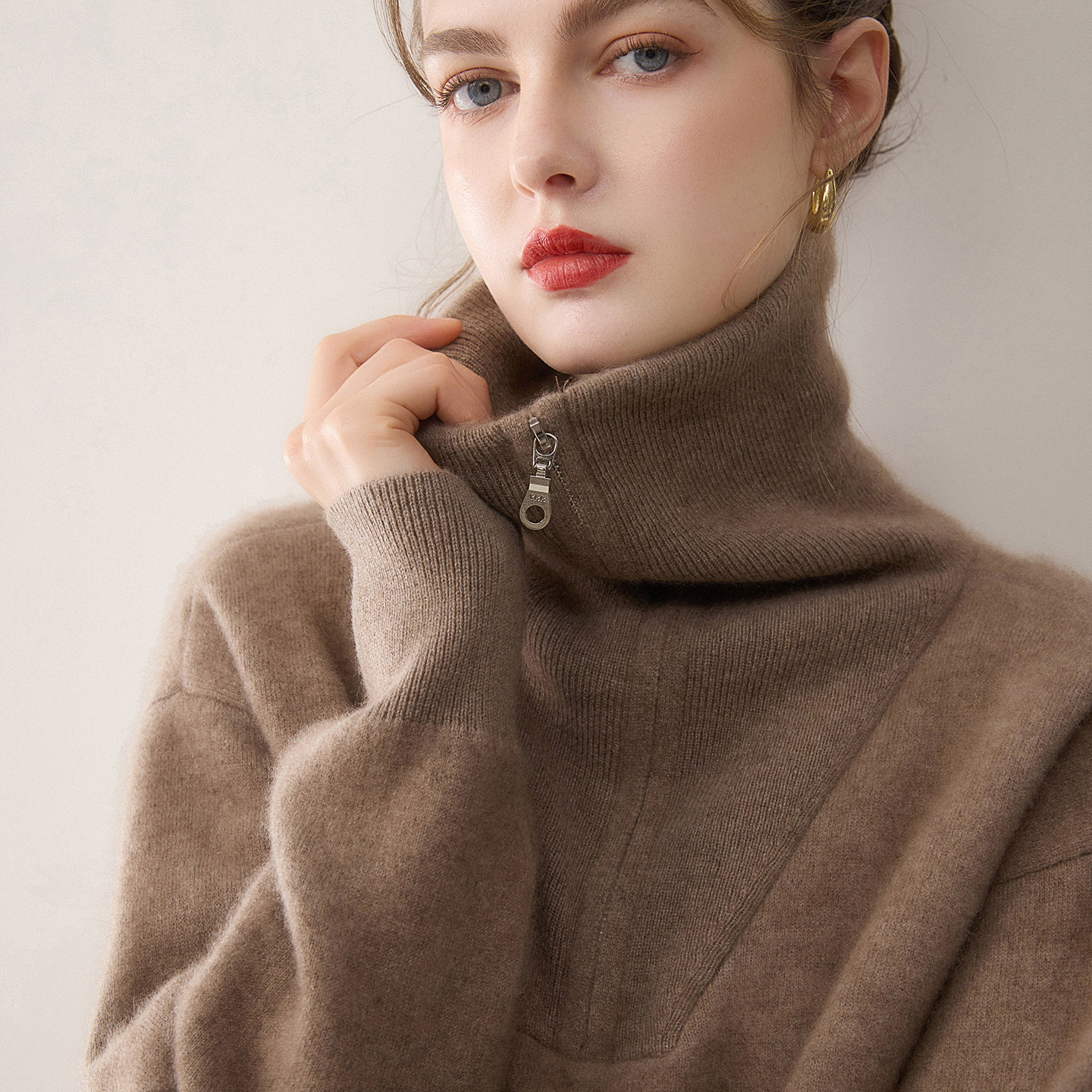 高级感空气层加厚保暖100%山羊绒衫女半拉链高领气质百搭针织毛衣,女装/女士精品,羊绒衫,淘宝优惠券,粉丝福利购,淘宝优惠卷