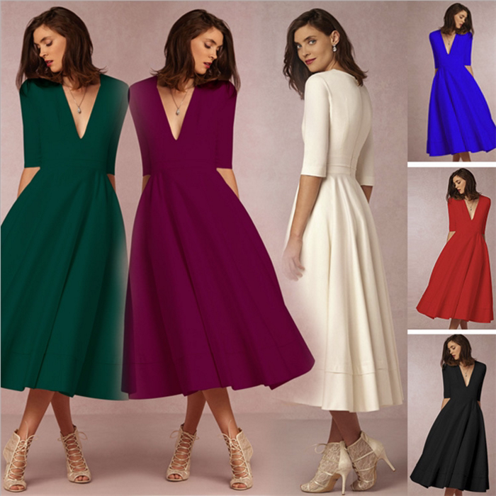 Women Long Dress Elegant Party Evening Dresses性感中袖连衣裙图片