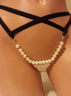 内裤式珍珠饰品弹力腰链丁字裤 珍珠链黑色铃铛欧美白色爱心红色
