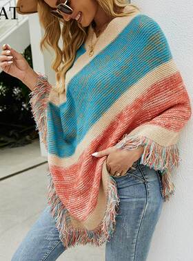 Knitting Cloak Poncho Women Pullover Autumn Capes Tassel