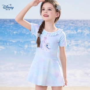 艾莎公主泳衣女童连体温泉游泳衣冰雪奇缘泳裙装短袖卡通可爱泳装