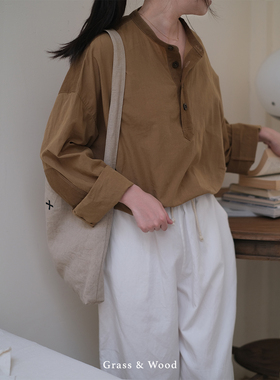Grass&Wood亚麻棉拼布衬衫小立领套头衫宽松休闲上衣叠穿百搭新品