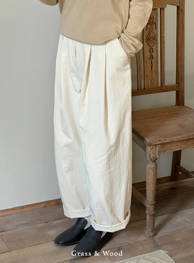 Grass&Wood白色长绒棉休闲裤宽松中高腰阔腿裤显瘦直筒裤廓形女新