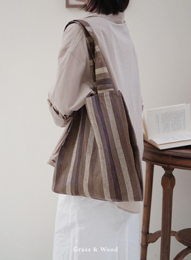 Grass&Wood纯亚麻帆布包竖条纹单肩包大容量女高级感腋下包秋冬新