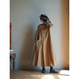 Grass&Wood亚麻棉连衣裙廓形复古风衣式长裙文艺小众衬衫裙春新品