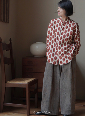 Grass&Wood红色波点衬衫全棉褶皱上衣长袖休闲叠搭系扣黑色小众新
