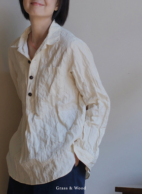 Grass&Wood褶皱金属丝衬衫女士Polo领套头上衣松弛休闲春夏新品