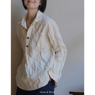 Grass&Wood褶皱金属丝衬衫女士Polo领套头上衣松弛休闲春夏新品